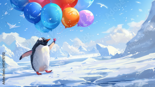 A whimsical cartoon of a penguin trying to fly by attaching balloons to itself, with a snowy landscape and a few scattered icebergs in the background. The penguin’s determined expression is comical.