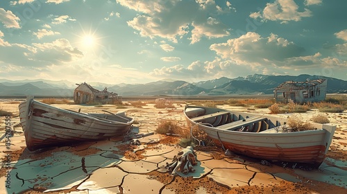 Dry and cracked ground, two dilapidated wooden boats, animal remains and bones, ruins of distant houses, distant mountains, sunlight shining on the ground. Generative AI.