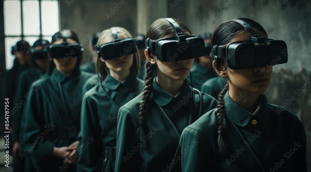 A lineup of students standing in an aged hallway, all equipped with VR headsets, highlighting technology in education A lineup of students standing in an aged hallway, all equipped with VR headsets, highlighting technology in education