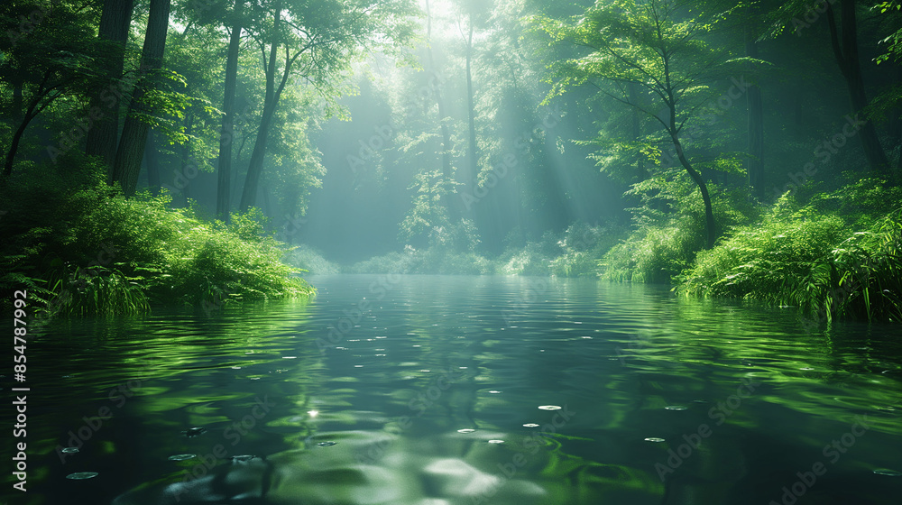 Obraz premium A serene forest scene with dense green foliage and a calm, reflective river running through it. Sunlight filters through the trees, creating beautiful rays of light and casting dappled shadows on the 