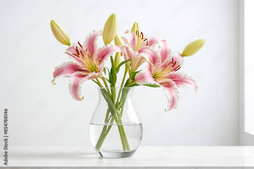 Pink Lily Bouquet in Glass Vase on White Table Pink Lily Bouquet in Glass Vase on White Table