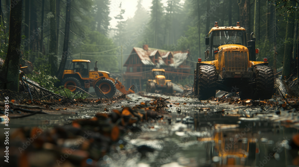 A giants car in heavily wooded forest chopping down trees and building houses. Generative AI. A giants car in heavily wooded forest chopping down trees and building houses. Generative AI.