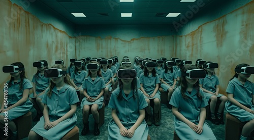 A group of people wearing VR headsets sitting uniformly in a room with an ominous, decaying wall aesthetic
