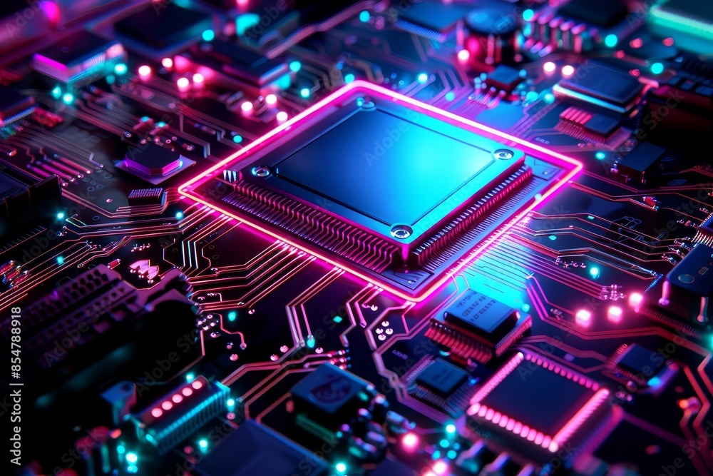 Closeup of a glowing neon CPU on a circuit board. Closeup of a glowing neon CPU on a circuit board.