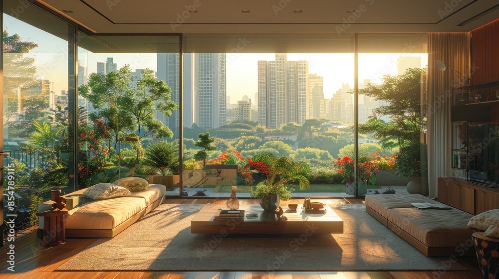 Fototapeta premium The living room of a luxury single-family home bathed in morning sunlight, a beautiful garden outside the window, and the skyline of a big city. Generative AI.