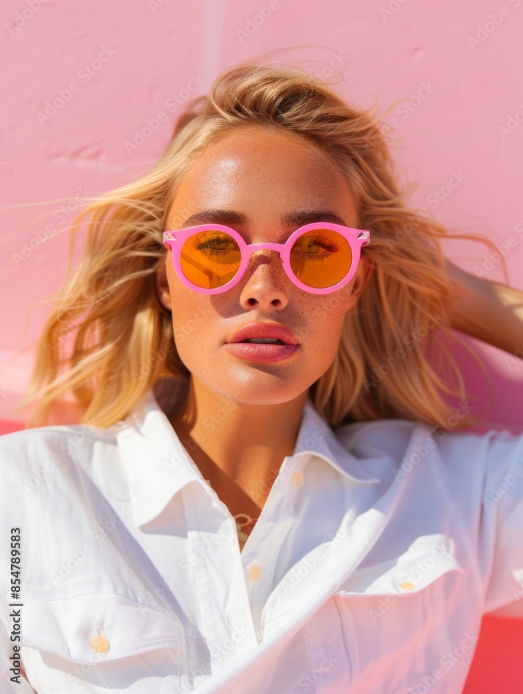 A blonde woman in a classic white shirt poses against a vibrant pink backdrop, creating a striking contrast A blonde woman in a classic white shirt poses against a vibrant pink backdrop, creating a striking contrast