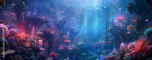 A community of merfolk gathers for a celebration in an underwater coral reef city, illuminated by bioluminescent creatures. photo