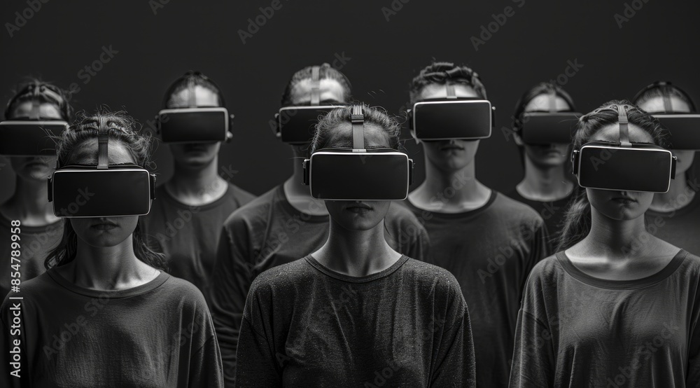 An all-female group shown in matching attire and VR headsets, rendered in gray tones, hinting at uniformity and tech An all-female group shown in matching attire and VR headsets, rendered in gray tones, hinting at uniformity and tech