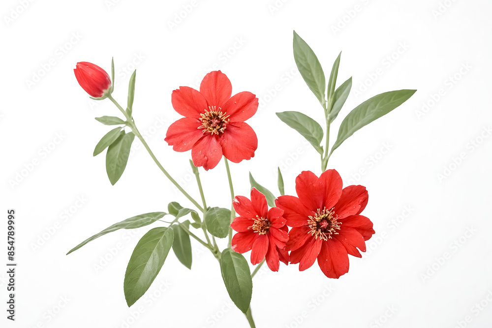 Red Flowers with Green Leaves on White Background Red Flowers with Green Leaves on White Background