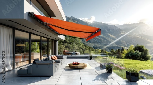 A modern, sunny terrace with outdoor furniture and an awning on the roof in red color. The sun is shining brightly over green meadows and mountains in summer. A gray concrete floor. Generative AI. photo