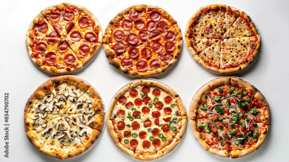 Pizza assortment set against a white backdrop Pizza assortment set against a white backdrop