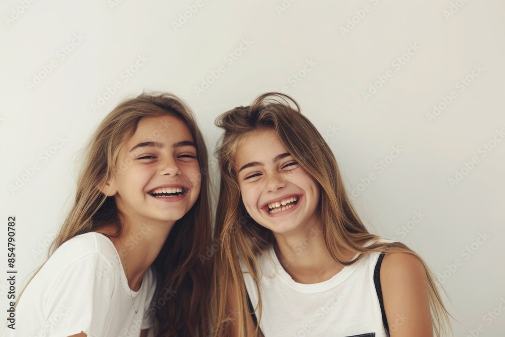 Two Girls Laughing Cheerfully in Studio Shot - White Background Two Girls Laughing Cheerfully in Studio Shot - White Background