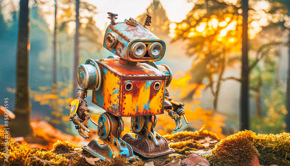 A destroyed, rusted, dirty, peeling colorful paint, robot in an apocalyptic scene. A destroyed, rusted, dirty, peeling colorful paint, robot in an apocalyptic scene.