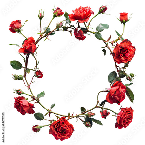 Circular shape of red roses on transparent background, white background