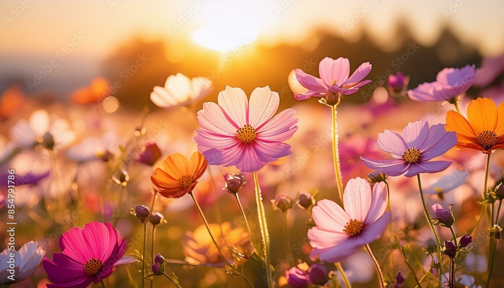 Vibrant Blooms: Close-Up of Colorful Cosmos Flowers in Spring