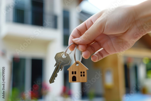 Hand holding keys with house shaped keychain in front of a blurred background representing a new home photo