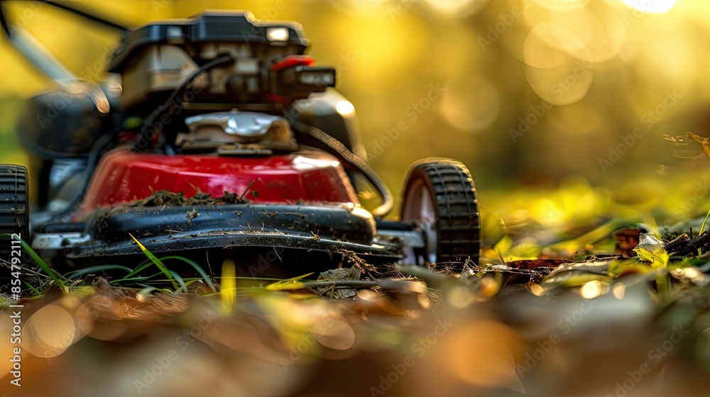 a lawn mower on lush green grass, focusing sharply on the wheel and equipment to highlight the details of garden maintenance. a lawn mower on lush green grass, focusing sharply on the wheel and equipment to highlight the details of garden maintenance.