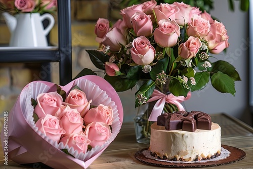 1d Chic bouquet of pink roses, next to chocolates in a heart-shaped box and a cake photo