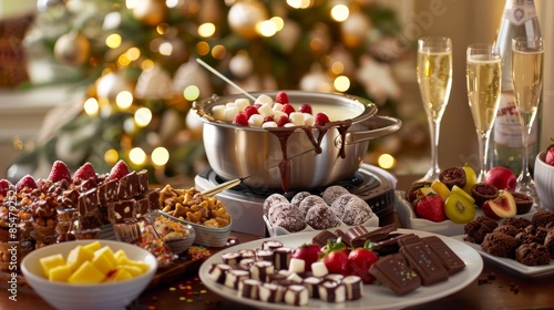 A festive dessert fondue spread with an assortment of treats for dipping such as marshmallows, fruits