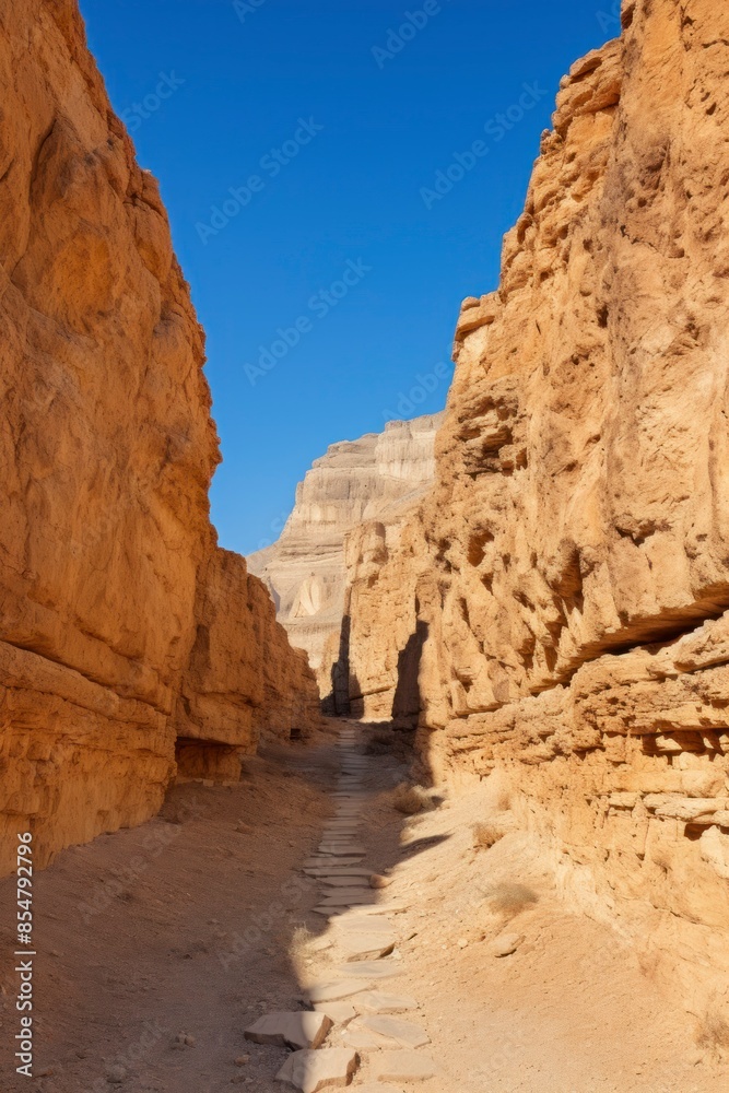 A dirt road winding between rocky cliffs in a desert landscape. A dirt road winding between rocky cliffs in a desert landscape.