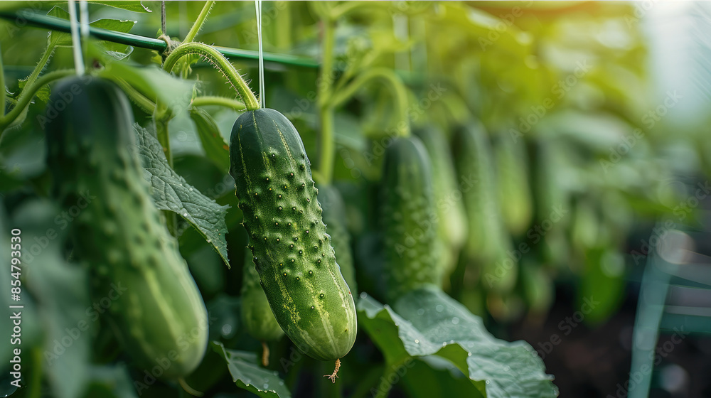 A cucumbers hanging gracefully from lush, inside greenhouse, verdant vines. Generative AI. A cucumbers hanging gracefully from lush, inside greenhouse, verdant vines. Generative AI.