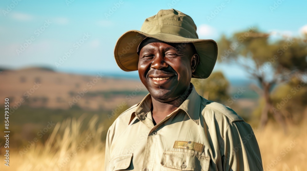 African man standing by safari vehicle wearing hat and white shirt and holding binoculars scans landscape looking for wildlife African man standing by safari vehicle wearing hat and white shirt and holding binoculars scans landscape looking for wildlife