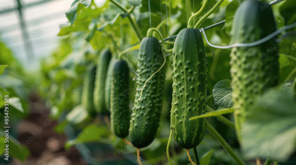 A cucumbers hanging gracefully from lush, inside greenhouse, verdant vines. Generative AI. A cucumbers hanging gracefully from lush, inside greenhouse, verdant vines. Generative AI.