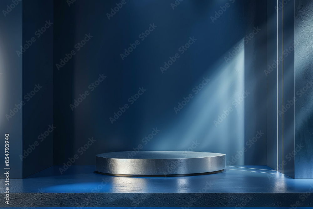 Brushed metal product display podium on a dark blue background: Modern and sleek, ideal for high-tech gadgets or contemporary designs, the metal podium and blue background create a sharp and stylish Brushed metal product display podium on a dark blue background: Modern and sleek, ideal for high-tech gadgets or contemporary designs, the metal podium and blue background create a sharp and stylish