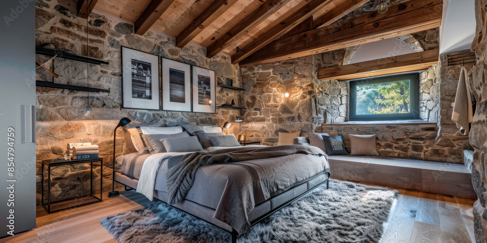 Cozy modern bedroom with a rustic touch. Wooden beams, stone walls, and a metal bed frame. Soft textiles, warm lighting, and vintage decor. Cozy modern bedroom with a rustic touch. Wooden beams, stone walls, and a metal bed frame. Soft textiles, warm lighting, and vintage decor.