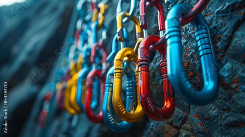 Colorful Carabiners Climbing Gear Against Rocky Background photo