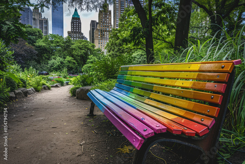 Rainbow Bench in Park with Cityscape Background  photo