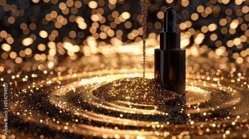 Golden Glitter Water Circle with Black Serum Bottle photo