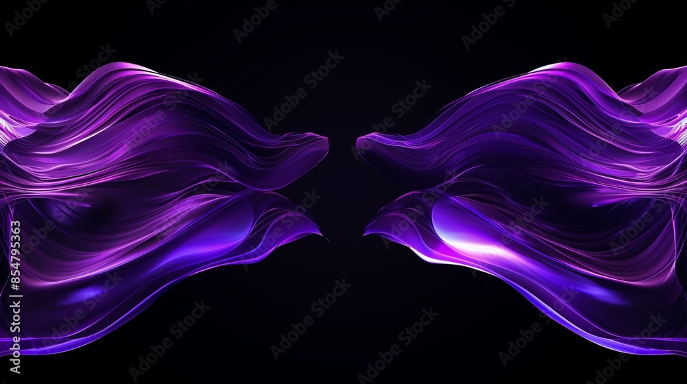 Abstract symmetrical digital art with two large purple wavy shapes on a black background. Abstract symmetrical digital art with two large purple wavy shapes on a black background.