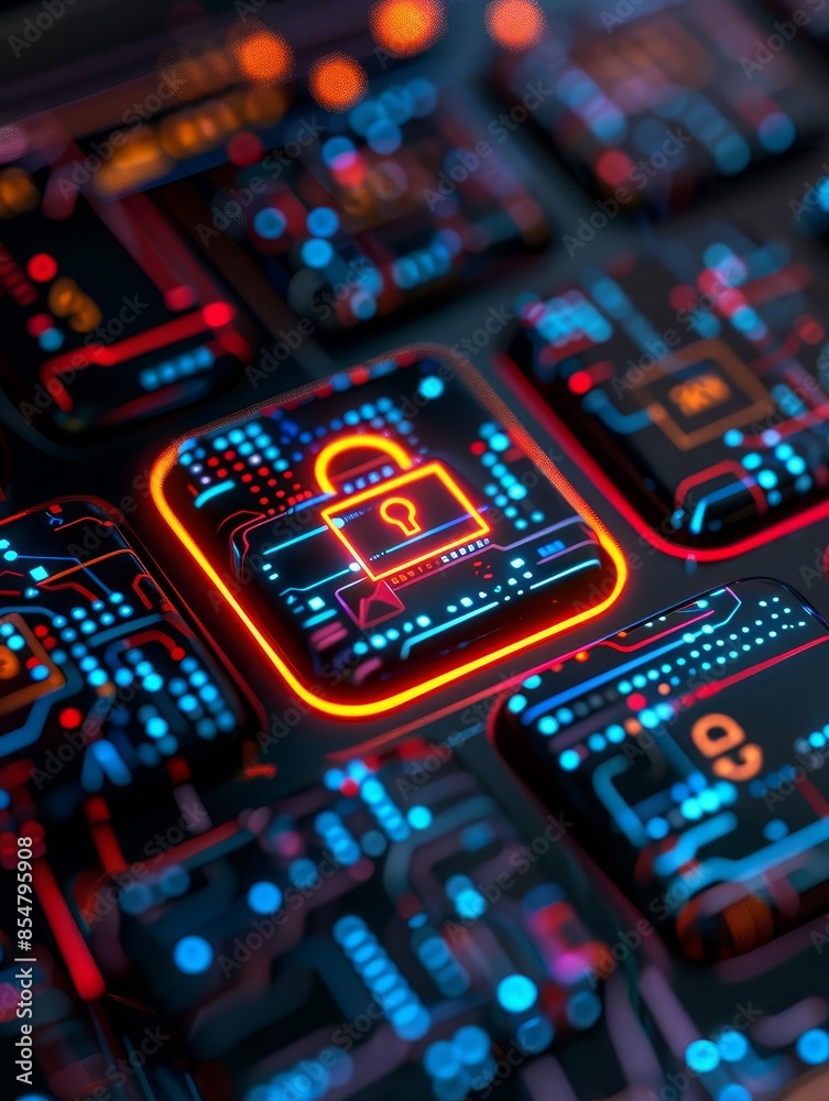 Abstract 3D illustration of a glowing padlock on a circuit board, symbolizing digital security. Abstract 3D illustration of a glowing padlock on a circuit board, symbolizing digital security.