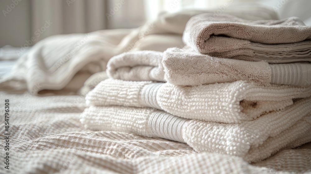 neatly stacked clean towels on a bed, including a checkered patterned towel and a white knit blanket, with a soft pillow against a simple backdrop. neatly stacked clean towels on a bed, including a checkered patterned towel and a white knit blanket, with a soft pillow against a simple backdrop.