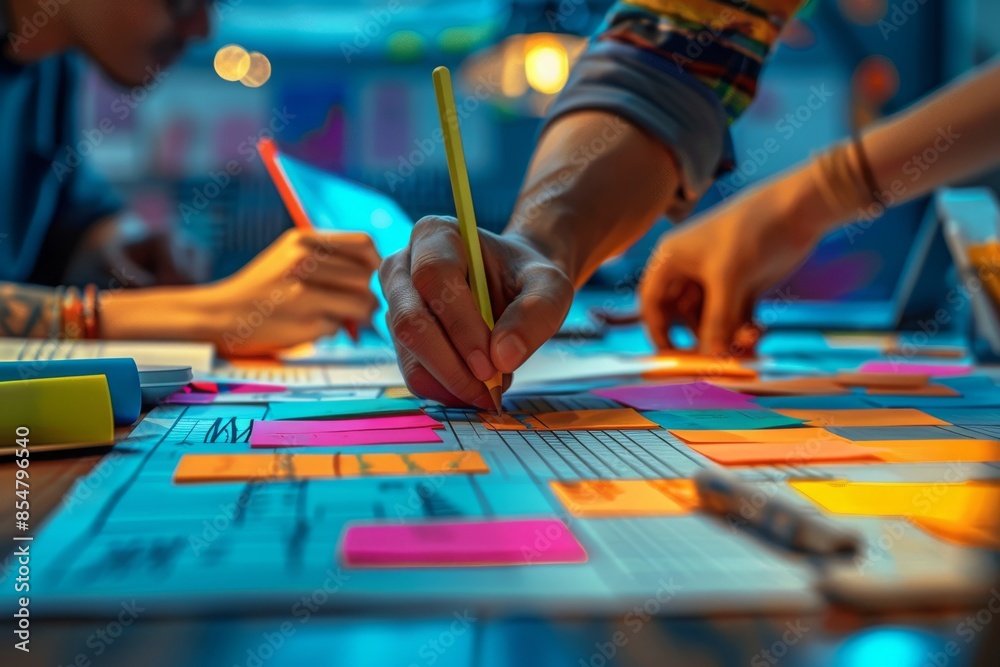 Obraz premium Team collaborating on a project with colorful sticky notes and documents on a table, emphasizing creativity and teamwork. Concept of collaboration, creativity, and teamwork. 