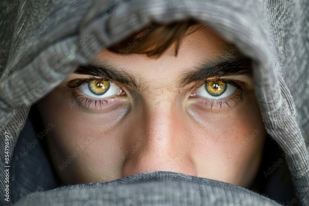 Close-up shot of a person with intense green eyes, partially covered by a gray hood. Captures mystery and depth. Close-up shot of a person with intense green eyes, partially covered by a gray hood. Captures mystery and depth.