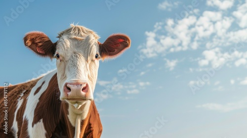 Cow in solitude with surprised expression pink nose against blue sky © TheWaterMeloonProjec