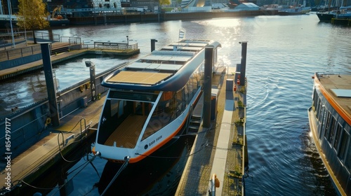 Wallpaper Mural A white boat with black accents is docked at a city marina. The passenger boat has a large deck and the busy marina has a view of the city skyline. Torontodigital.ca