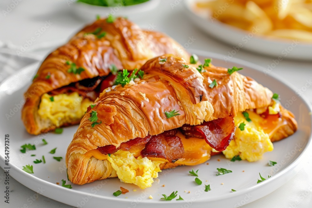Breakfast croissant, sandwiches with bacon, egg and cheese, on white plate Breakfast croissant, sandwiches with bacon, egg and cheese, on white plate