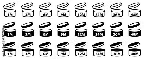 PAO symbols set. Period after opening icon set. Expiration period. Period of validity after opening. Useful lifetime of cosmetics after package is opened. The duration for which cosmetics remain safe 