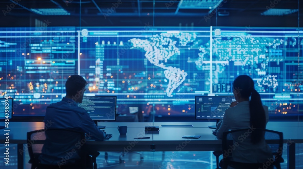 Two people sit at their computers in a security room, facing a large screen displaying a world map. The room has a modern and futuristic look.
