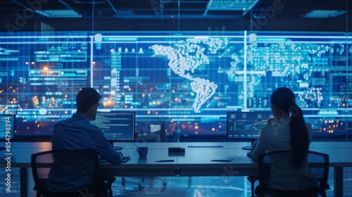 Two people sit at their computers in a security room, facing a large screen displaying a world map. The room has a modern and futuristic look.