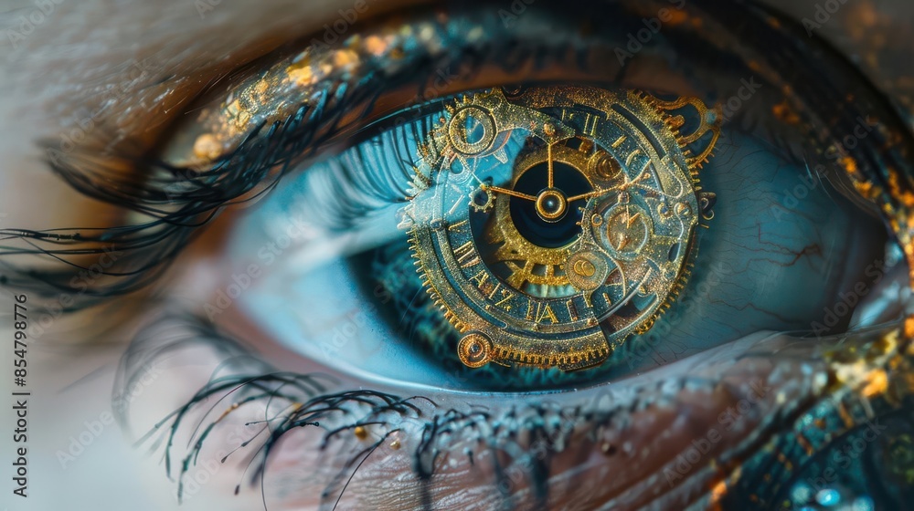 Obraz premium Closeup of an eye with a vintage clockwork mechanism reflected in the pupil