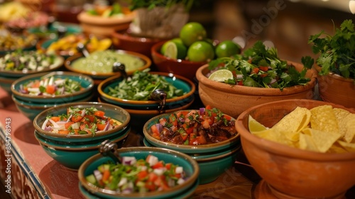 A festive taco station featuring an array of fillings like grilled fish, barbacoa