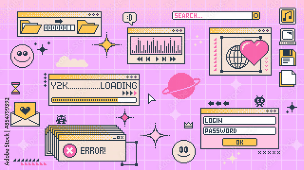 Retro Y2K computer window page and interface screen in pixel, art, vector, background. 8 bit retro and 90s Y2K computer display windows of internet browser tabs with loading bar and error message box