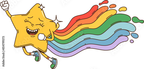 Cartoon groovy space star character. Isolated vector retro style falling comet personage with sparkles and colorful rainbow trail, spreading joy across the night sky. Yellow funky shooting twinkle