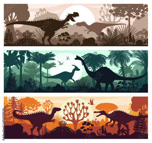 Prehistoric dinosaurs silhouettes in tropical forest. Vector scenic banners featuring shadows of dino animals in jungle with lush vegetation, mountains, and sun. Mesozoic or Jurassic era backgrounds