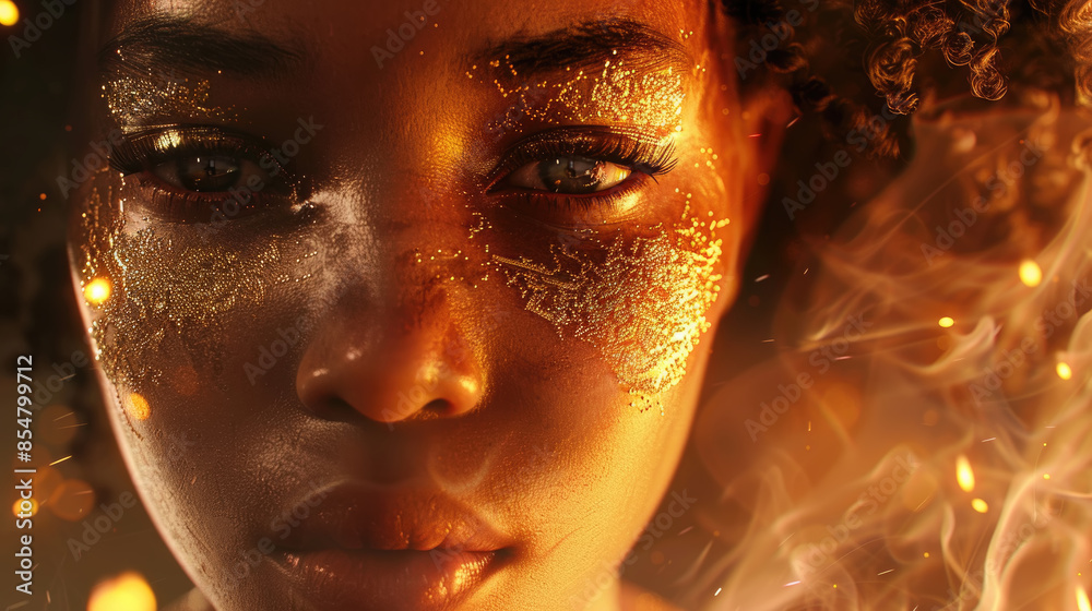 A close-up shot of a womans face, illuminated by golden light, with golden glitter on her skin. The background is a hazy, smoky atmosphere A close-up shot of a womans face, illuminated by golden light, with golden glitter on her skin. The background is a hazy, smoky atmosphere