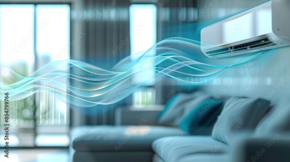An air conditioner with blue waves of cool air flowing out in the apartment or modern living room interior. the concept for modern home comfort and energy-saving technology. An air conditioner with blue waves of cool air flowing out in the apartment or modern living room interior. the concept for modern home comfort and energy-saving technology.